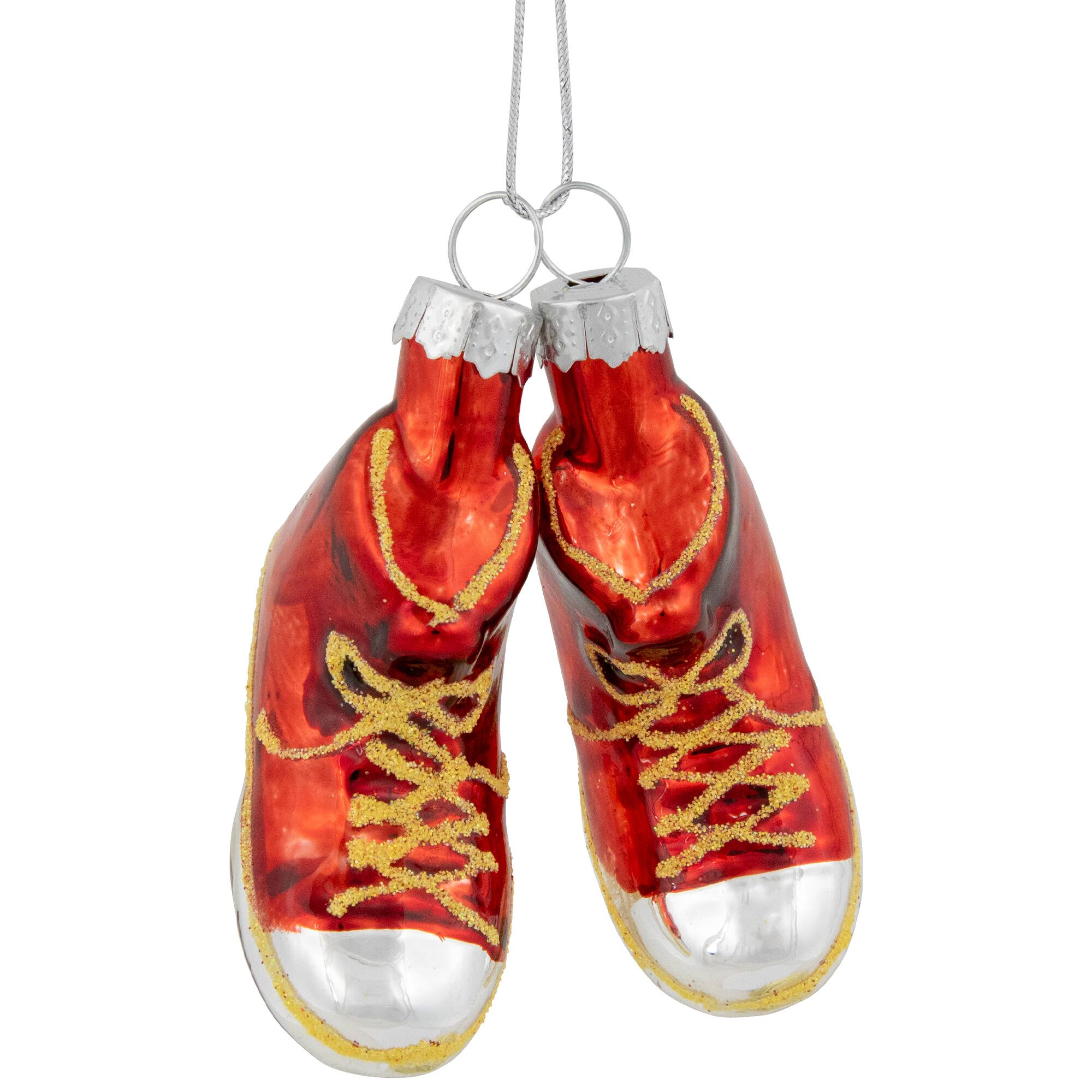 2.25" Red and Silver Sneakers Glass Christmas Hanging Ornament